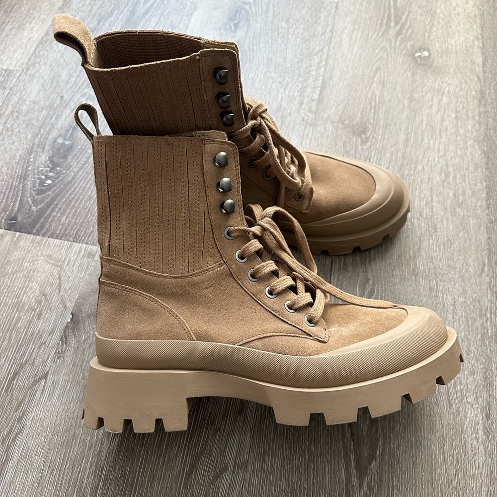 ZARA Tan Suede Combat Boots / Chunky Platform Lace-Up Boots – Size 38
